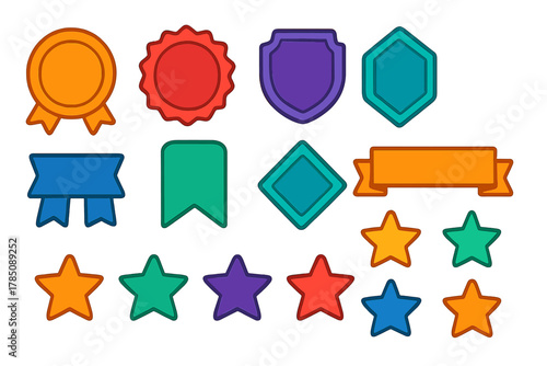 Vibrant collection of award badges ribbons shields and stars symbols