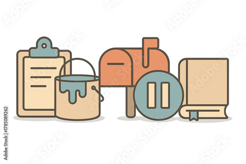 Clipboard paint can mailbox pause symbol and book icons set