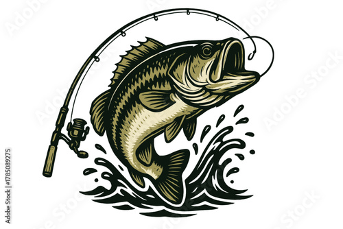 Large bass fish leaping from water with fishing rod and reel