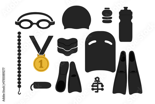 Black silhouette icons of swimming gear and first place award medal