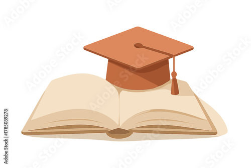 Mortarboard cap resting on open textbook symbolizing academic achievement