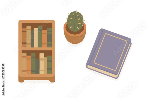 Small wooden bookshelf with books and potted cactus plant