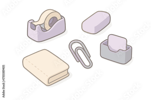 Isometric collection of supplies including tape dispenser and paper clip