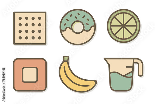 Collection of food and kitchen utensil icons in textured pastel colors