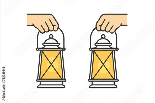 Two hands carefully holding illuminated antique kerosene lanterns side by side