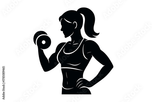 Athletic woman silhouette performing bicep curl with dumbbell