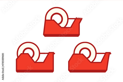 Three red tape dispensers with adhesive roll icons
