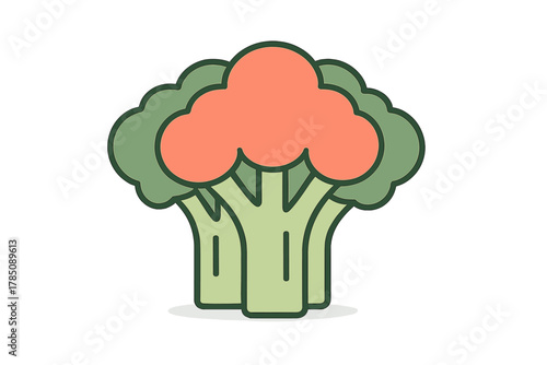 Stylized icon of broccoli vegetable featuring modern green and coral color palette