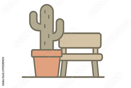 Potted cactus plant next to simple wooden bench graphic