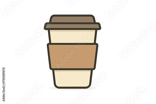 Stylized disposable coffee cup with lid and protective sleeve icon