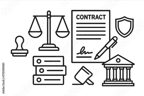 Collection of legal and business agreement icons featuring contract and justice symbols