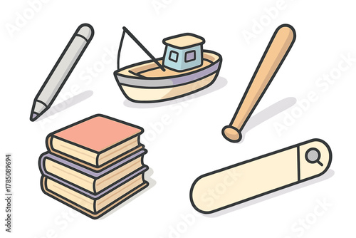 Assorted isometric icons for hobby and study activities