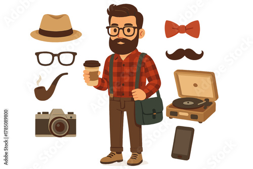 Hipster man character with collection of vintage accessories