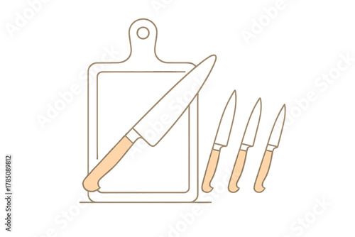 Outline design of kitchen knife set with wooden cutting board