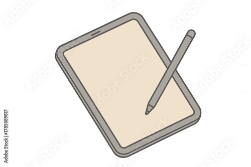 Digital tablet and stylus pen resting on blank screen surface