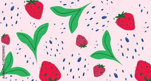 Seamless strawberry pattern with ripe red berries and green leaves on a summer background