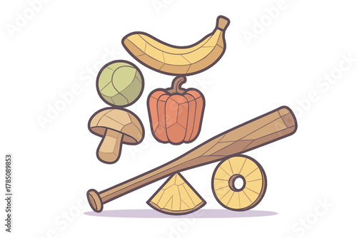 Assortment of food items and sports equipment balanced on a beam