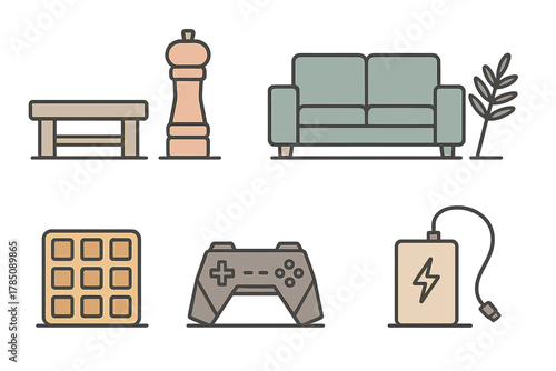 Collection of modern home and leisure icons including furniture and electronics