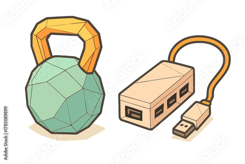 Isometric low poly kettlebell and USB hub digital objects