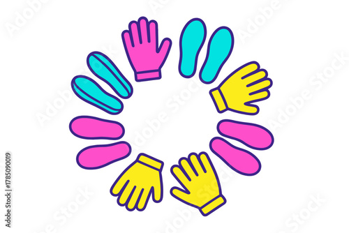 Colorful protective gloves and shoe sole icons arranged in a circle