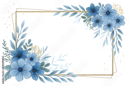 Elegant blue floral corner frame with golden border isolated on transparent background