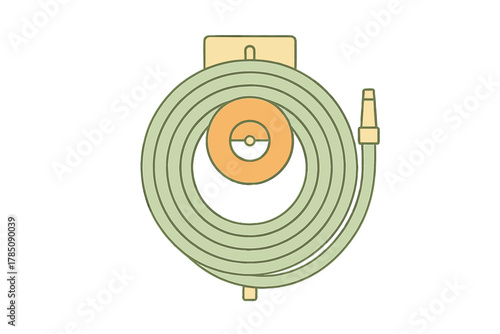 Coiled garden water hose on wall mounted reel icon