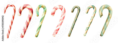 Set of colorful watercolor candy canes isolated on transparent background, concept of Christmas sweets, festive decoration and holiday illustration