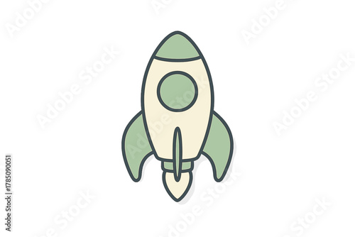 Cartoon rocket ship taking off with stylized fins and smoke trail