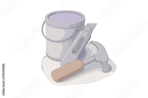 Collection of paint can utility knife and claw hammer for home repair