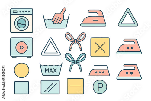 Colorful laundry and dry cleaning care instruction symbols collection