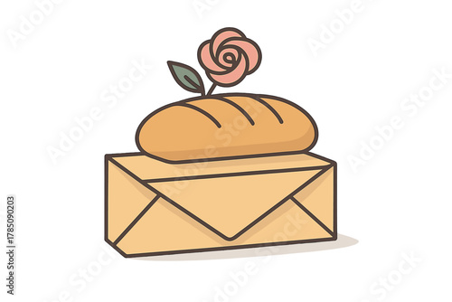 Envelope icon with loaf of bread and pink rose flower