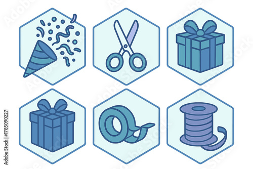 Six blue icons representing gift wrapping and celebration supplies