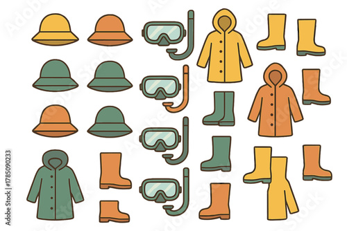 Colorful rain gear and snorkeling equipment seamless pattern design