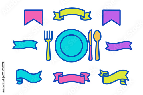 Vibrant dining icons and decorative banner elements for food service design