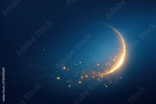 Glowing Crescent Moon with Sparkling Starry Particles on Blue