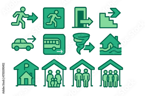 Emergency evacuation and shelter icons in green color palette