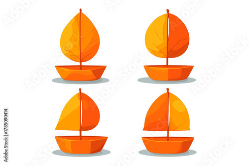Four orange autumn leaf sailboats in various sail positions
