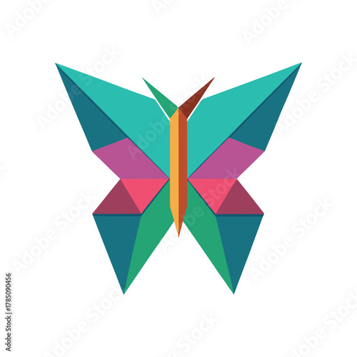 Geometric folded paper butterfly with teal purple pink and orange origami