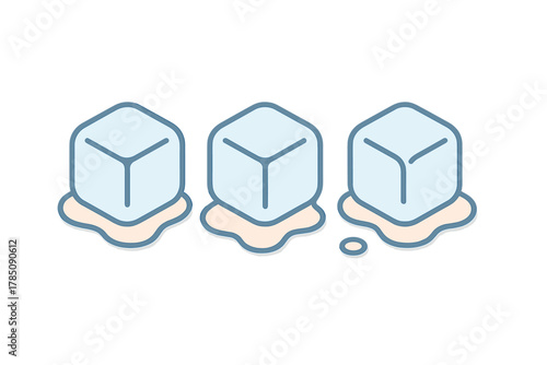 Progression of ice cubes melting into water puddles