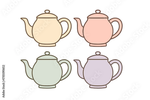 Four pastel colored teapots with dark outlines for beverage themes