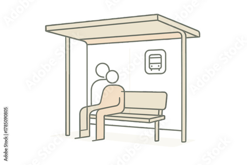 Minimalist public transportation shelter bench with waiting people