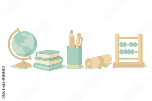 Assortment of educational tools: globe, books, writing instruments, diploma, and abacus