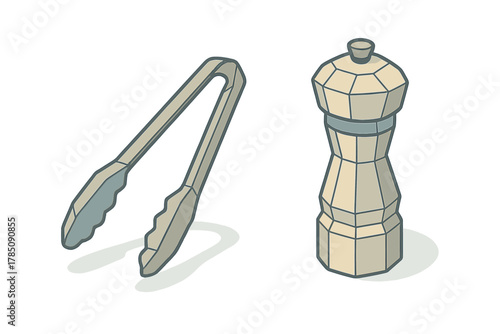 Isometric kitchen tongs and spice grinder set for cooking