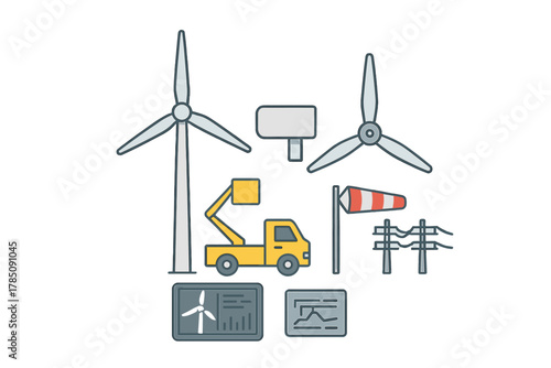 Set of icons for wind energy generation and equipment maintenance