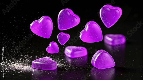 Floating purple gummy hearts on a black background for Valentines day