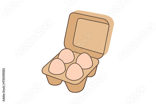 Four light brown eggs displayed in an open cardboard container
