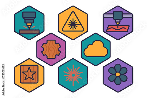 Colorful icons depicting laser cutting and digital fabrication processes