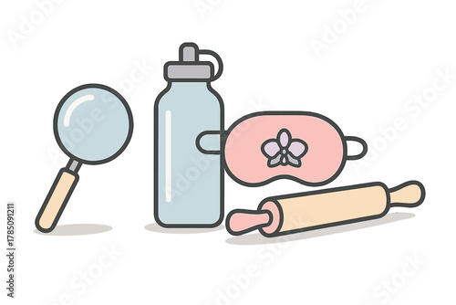 Set of essential daily life objects including magnifying glass, bottle, mask, and rolling pin