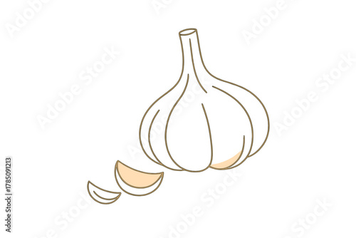Outline drawing of whole garlic bulb and separated cloves