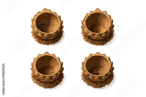 Four brown ceramic lotus shaped candle holders on white background